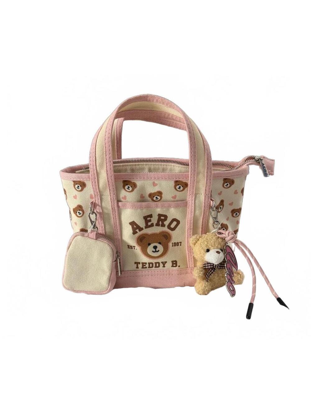 Aeropostale Teddy Bear Mini Tote Bag Pink Canvas Charm Coin Purse Y2K